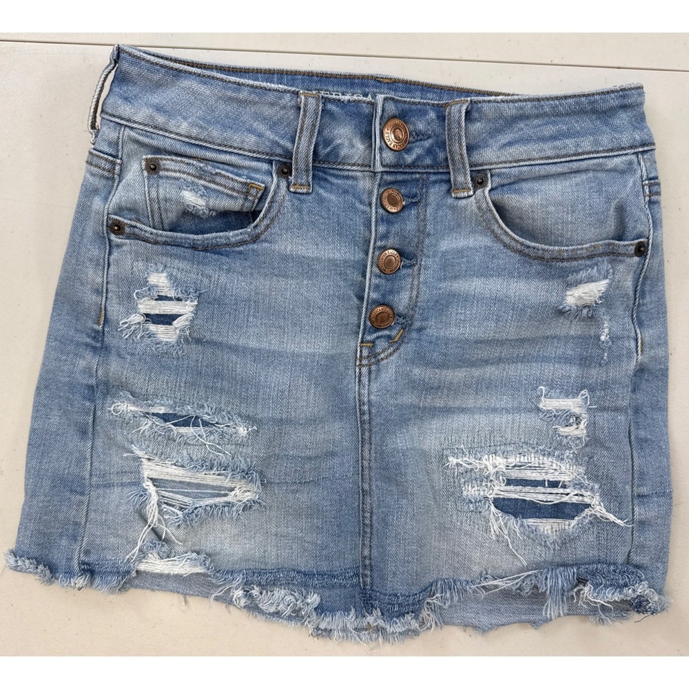American Eagle Super Stretch X Denim Mini Skirt Womens 4 Distressed Button Fly